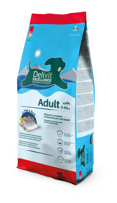 Delivit Excellence® Adult - сухий корм преміум класу з рибою та рисом з додаванням білків і цільних злаків для собак.