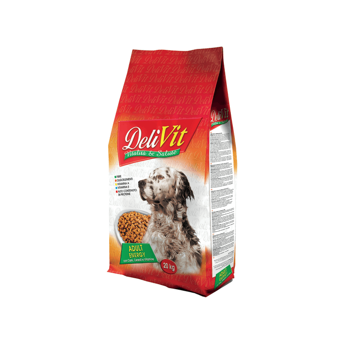 Delivit® Energy - сухий корм з м'ясом, злаками та вітамінами для активних дорослих собак, багатий м’ясом, крупами та вітамінами.
