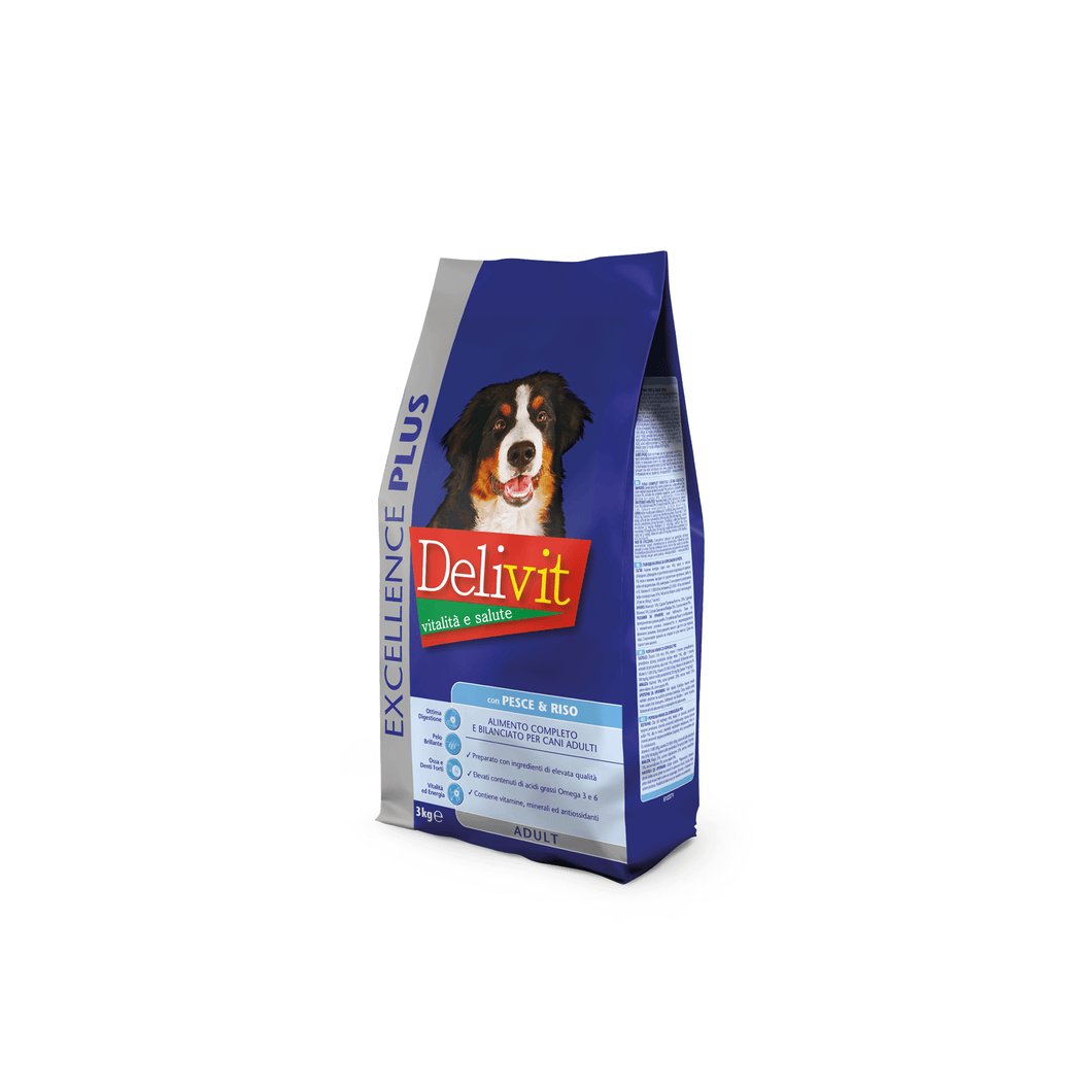 Delivit Excellence® Adult - сухий корм преміум класу з рибою та рисом з додаванням білків і цільних злаків для собак.