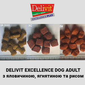 Delivit Excellence® - сухий корм преміум класу з яловичиною, ягнятиною та рисом з додаванням білків і цільних злаків для собак.